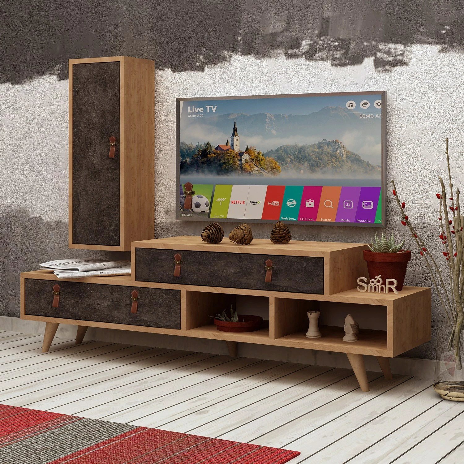 Komodë TV Skye Decor, Joseph, ngjyrë lis dhe gri e errët