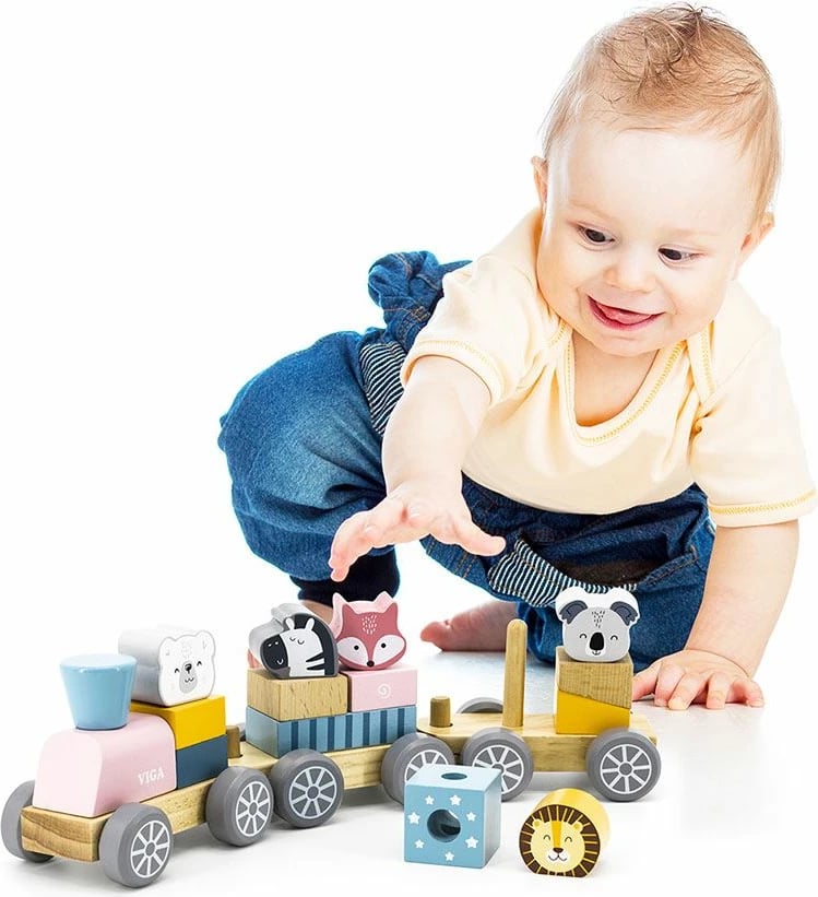 tren druri me kafshë, Viga PolarB, 3 vagona me blloqe, 33 cm, për 18+ muaj, multingjyrësh, set