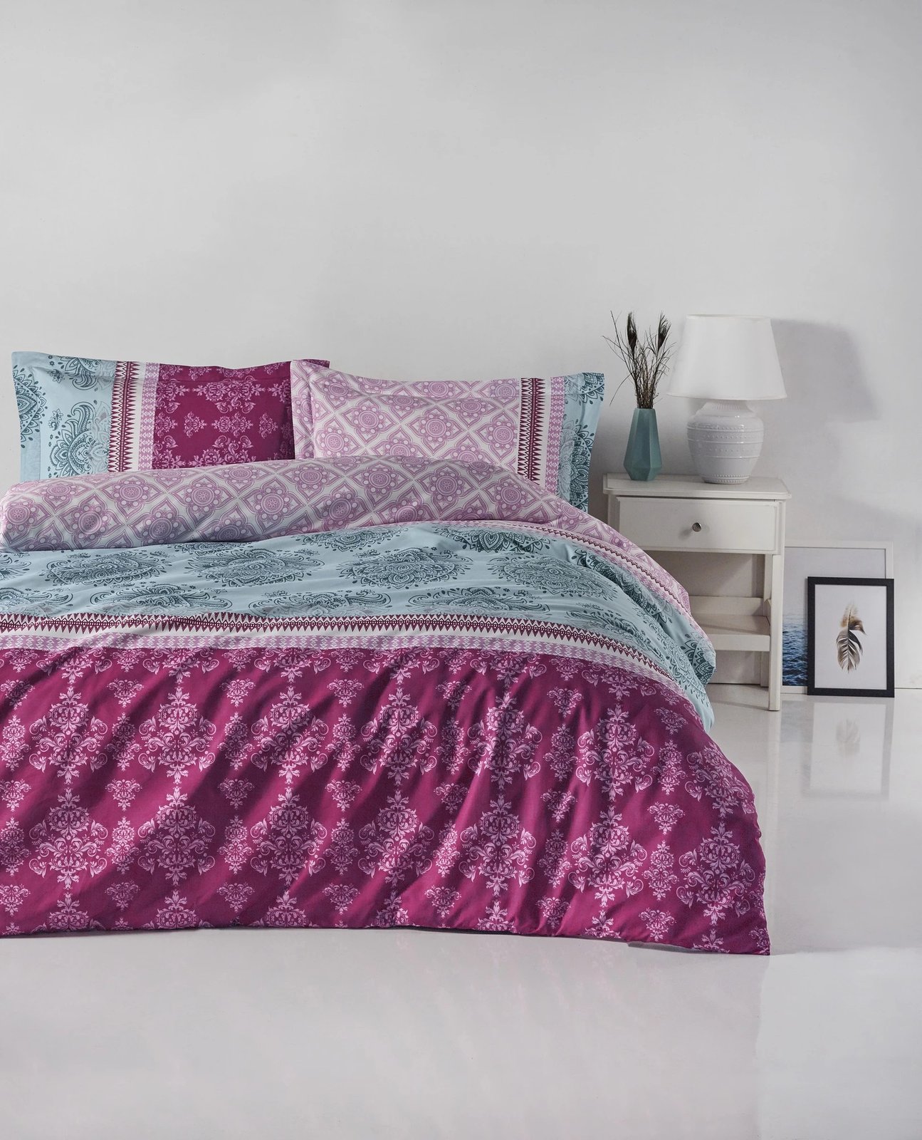 Set mbulesë për jorgan dopio Ranforce, ngjyrë fuchsia, mint, e bardhë, Almira