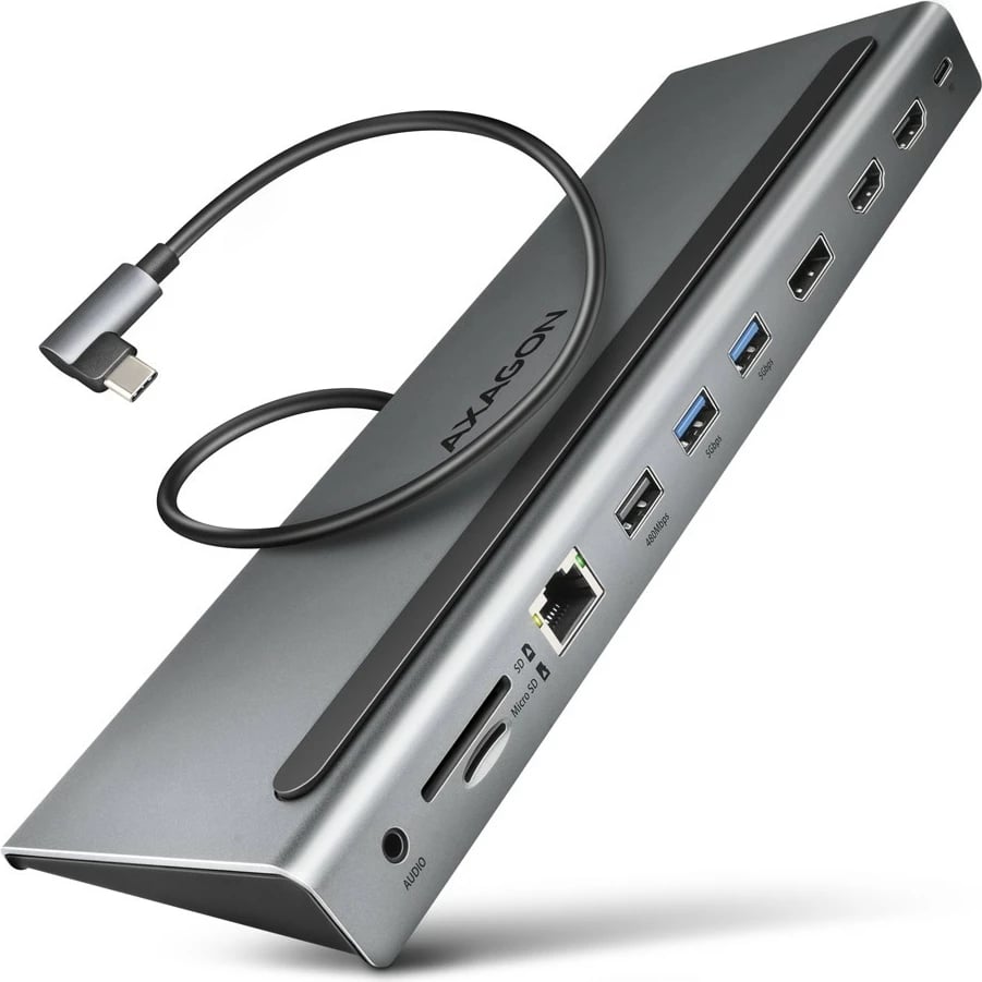 Kasë AXAGON HMC-4KX3 multiport USB 11-në-1, 5Gbps, 3x USB-A, 2x HDMI 4K/60Hz + DP 4K/60Hz + GLAN + SD/microSD + audio, 100W PD, kabllo USB-C 40cm, Gri