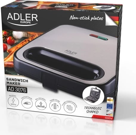 Toster për sanduiçe Adler AD 3076, pllaka trekëndëshe jo-ngjitëse, 750W (max 1000W), 2 drita treguese, argjendtë/zi Toster për sanduiçe Adler AD 3076, pllaka trekëndëshe jo-ngjitëse, 750W (max 1000W), 2 drita treguese, argjendtë/zi