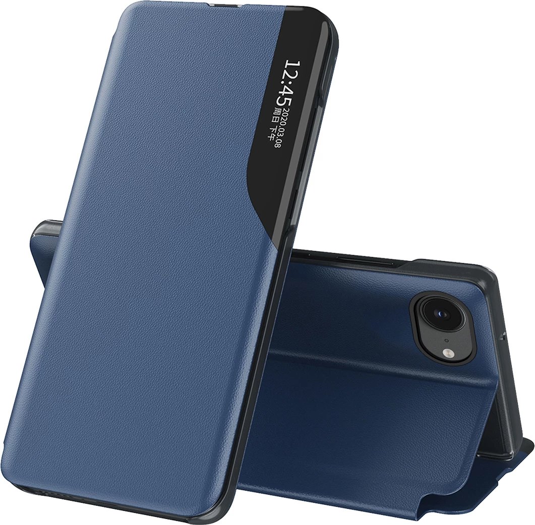 Mbështjellës Hurtel Eco Leather View Case për iPhone 16e, me kapak dhe qëndrim, kaltër