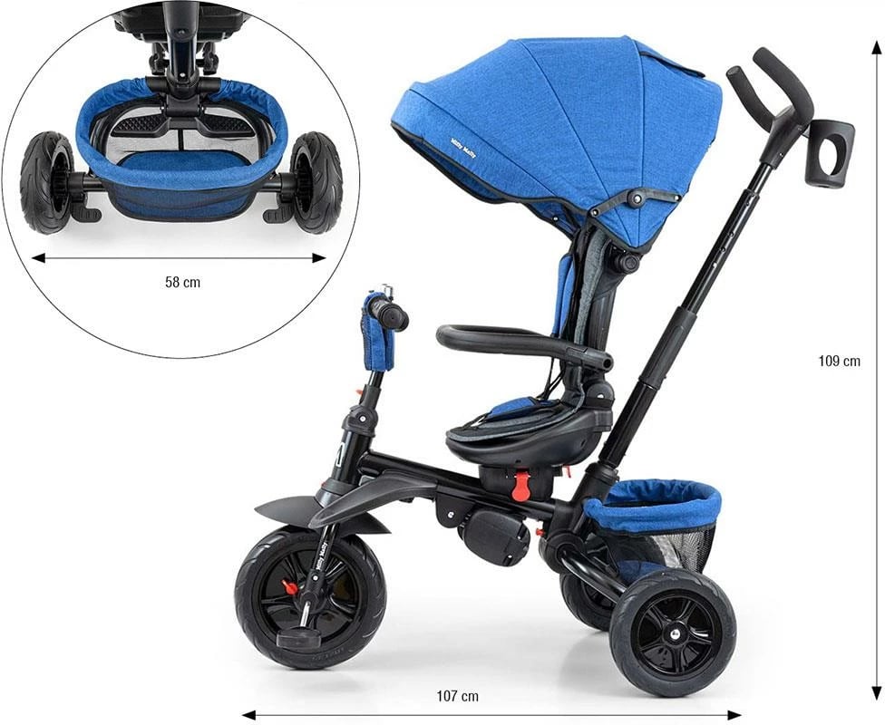Tricikël me shufër drejtuese, Milly Mally Stanley 6-in-1, sedilje rrotulluese 360°, rrota gome, dorezë shtytëse e rregullueshme, canopy palosës, shportë – blu-zi