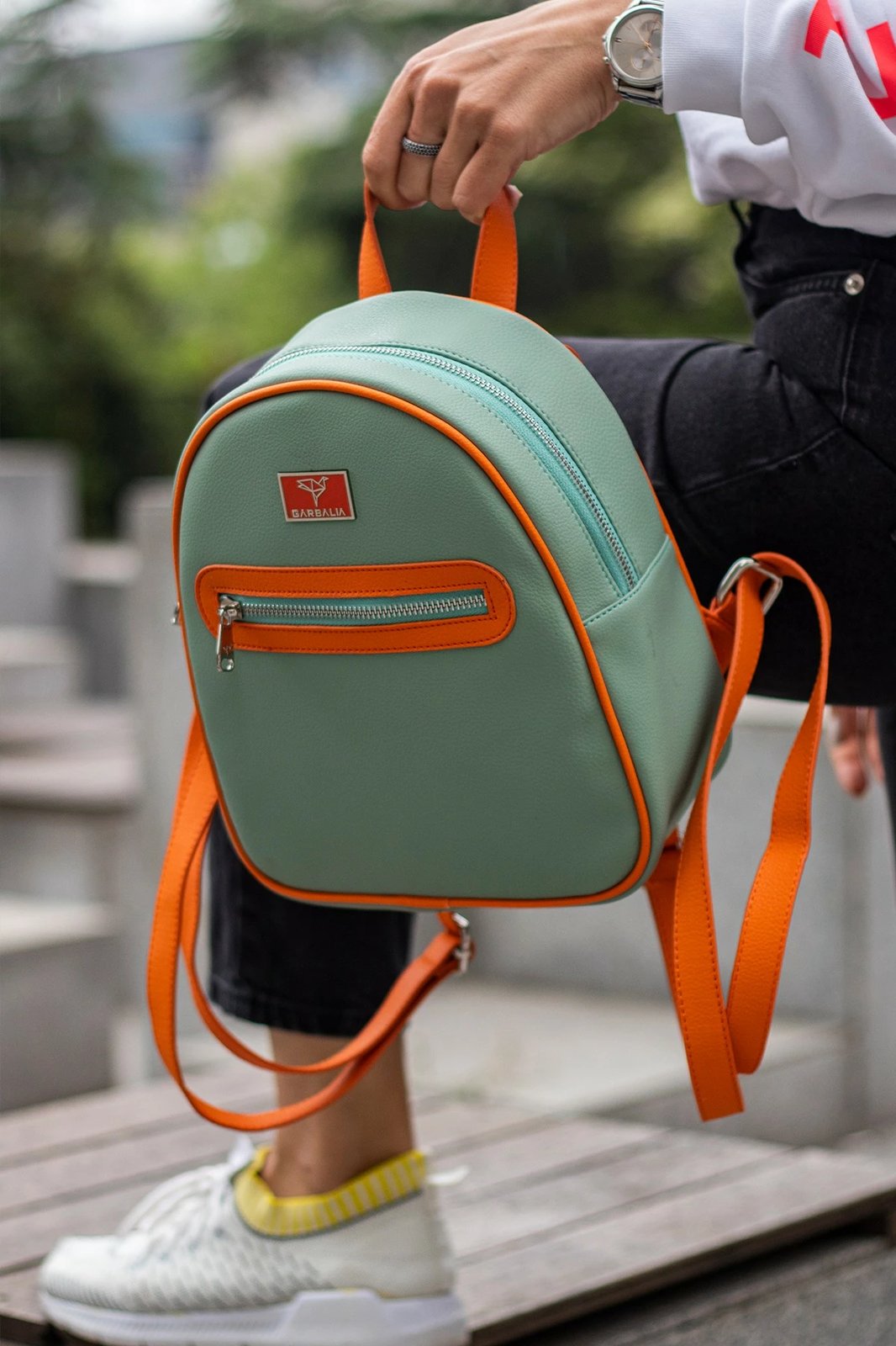 Çantë shpine Zoozie Bags Oslo, ngjyrë mint dhe portokalli