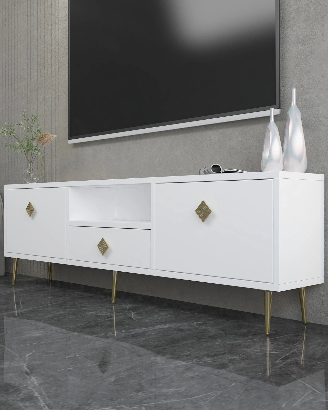 Komodë për TV Skye Decor, 1308-DROP-1, e bardhë, e artë