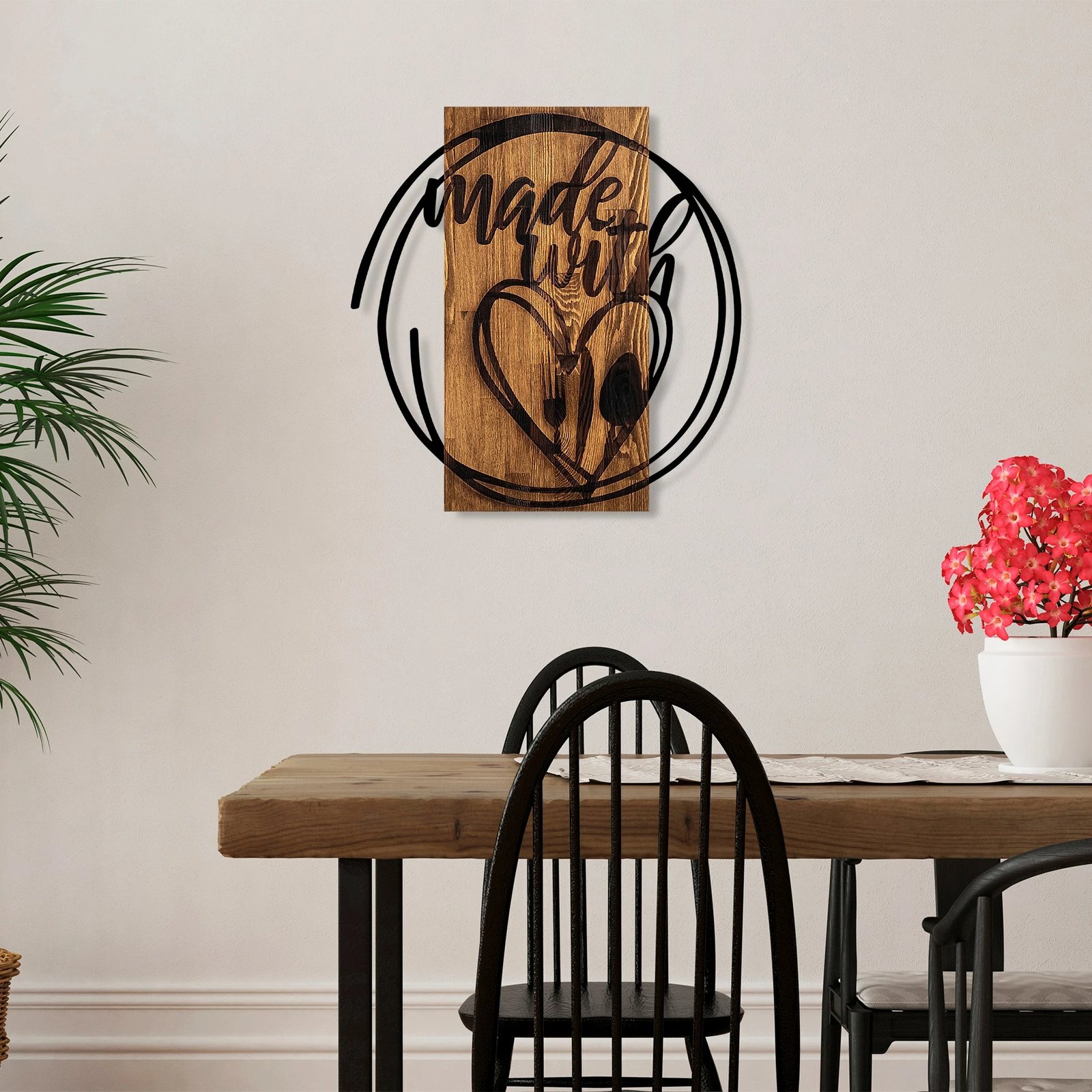 Aksesor dekorativ prej druri për mur, Wallity, Made With Love, ngjyrë arre dhe e zezë, 55x57cm