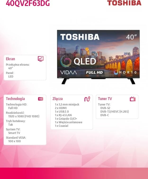 Televizor Toshiba QLED 40QV2F63DG, 40 inç, Full HD, Smart TV, i zi