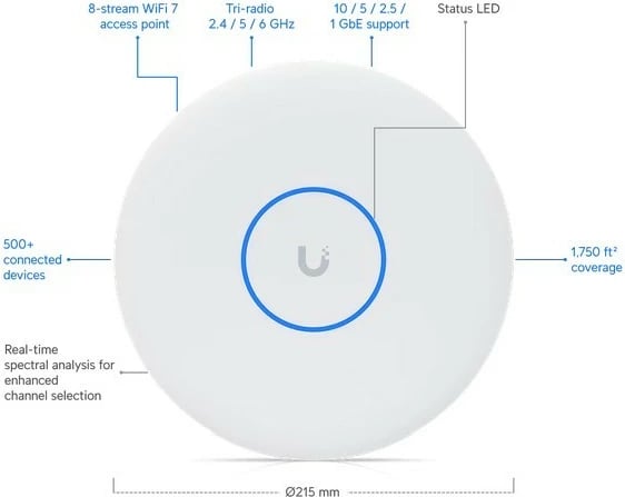 Access point Wi‑Fi, Ubiquiti U7-PRO-XGS, WiFi 7 8-rrjedhë, portë 10GbE, 2.4/5 GHz, i bardhë