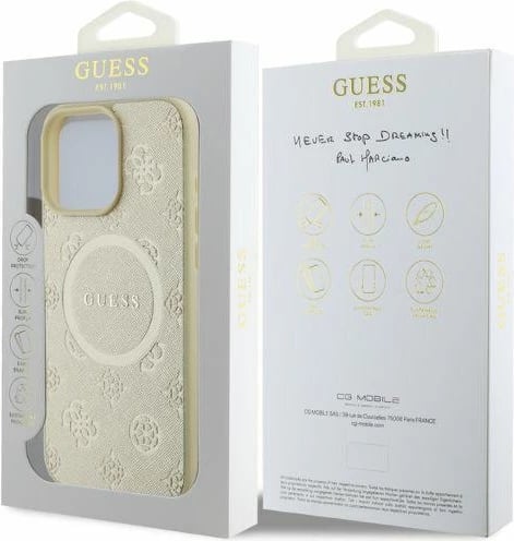 Mbështjellës Guess Saffiano Peony Classic Logo MagSafe për iPhone 16 Pro, ari