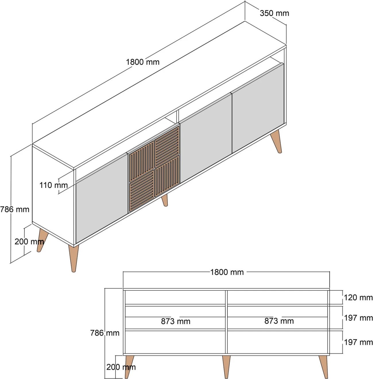 Bufe melamine FH9431.05 ngjyrë arre me dyer pamje mermeri të zi 180x35x78.6H cm