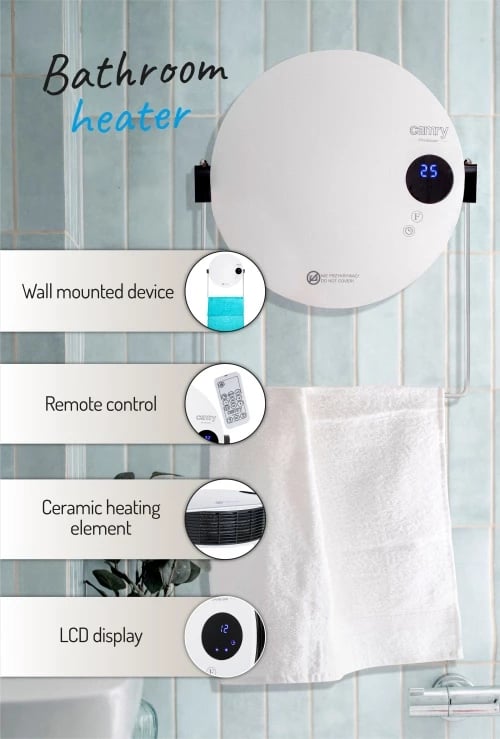 Ngrohës banjoje muror, Camry, CR 7747, 1400/2000W, program javor, LCD, telekomandë, IPX2, i bardhë