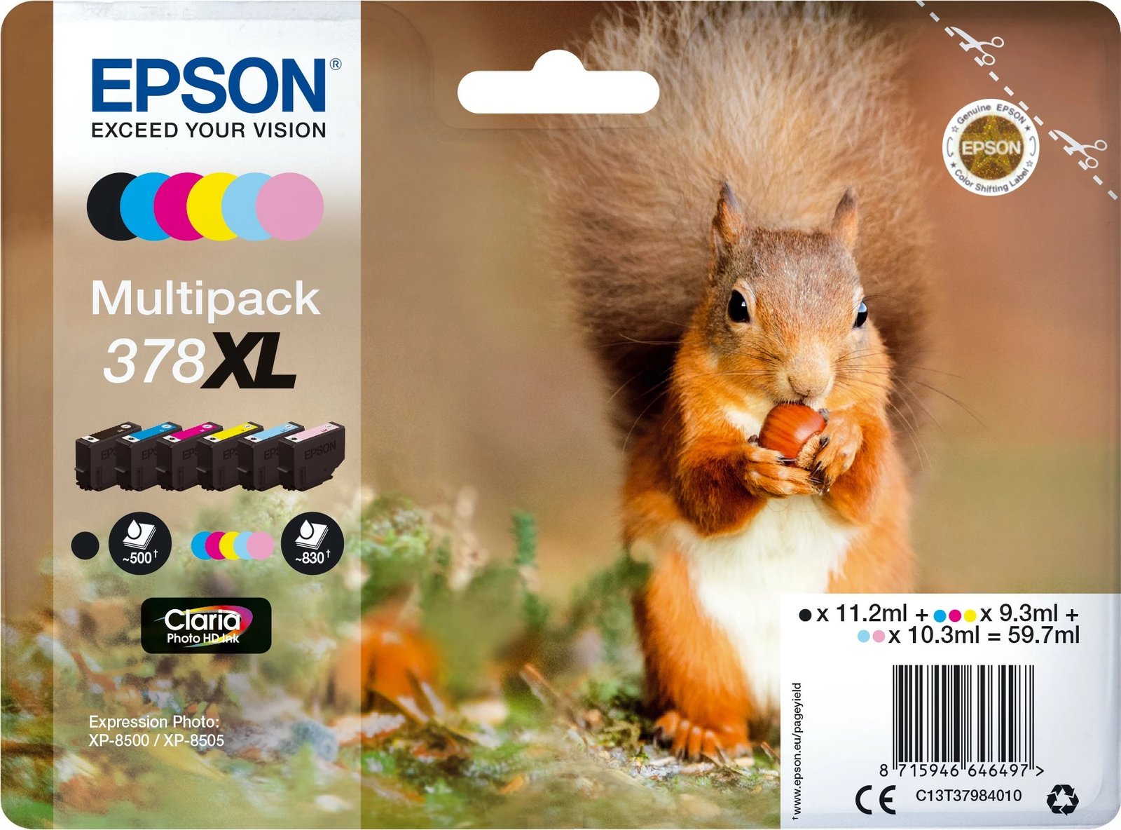 Multipak bojë Epson Squirrel 378XL Claria Photo HD, 6 ngjyra, High (XL) Yield, për printer Epson, e zezë, cyan, magenta, e verdhë
