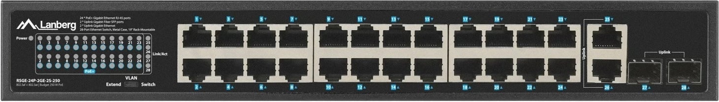 Switch Lanberg RSGE-24P-2GE-2S-250, 24x PoE+ Gigabit, 2x SFP, 2x Gigabit uplink, rack 19", 250W