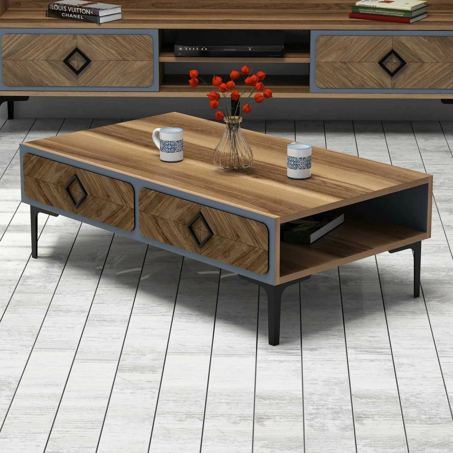 Tavolinë kafeje Skye Decor, samba, ngjyrë arre dhe blu