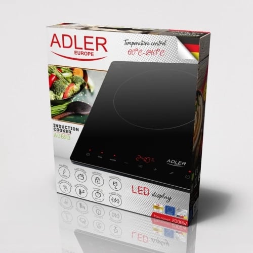 Sobë induksioni një-pllakë, Adler AD 6513, 2000W, diametër pllake 190mm, ekran LCD, timer 180 min, e zezë