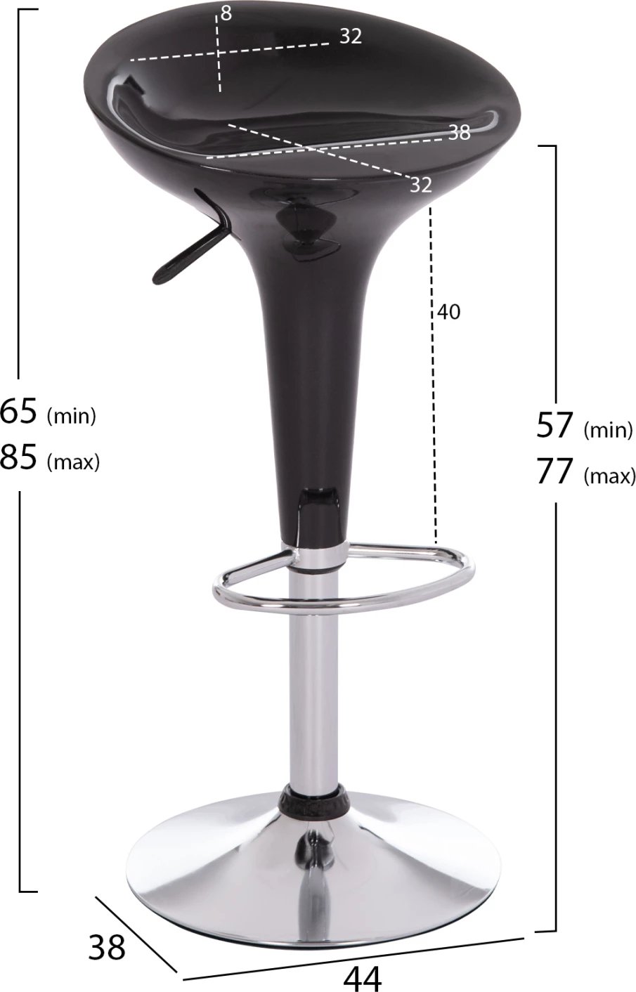 Karrige për bar rrotulluese DAISY, ABS e zezë, 44x38x85cm, set prej 2 copash