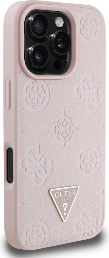 Mbështjellës Guess Grained Hot Stamp Peony Triangle Logo MagSafe për iPhone 16 Pro Max, Rozë