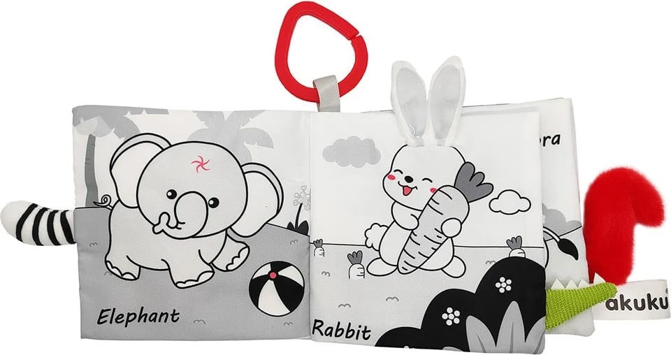 Libër sensorik kontrasti për bebe, Akuku Animals, 12 x 12 cm, me kapëse për karrocë/krevat, shumëngjyrësh
