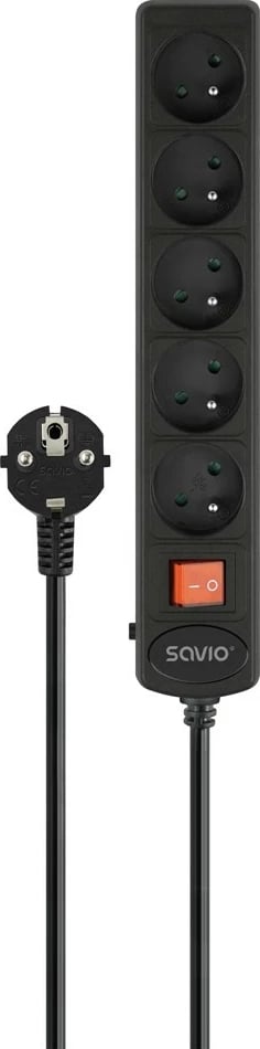 Listë rryme me mbrojtje nga mbitensioni, Savio LZ-18, 5 presa Type E, kabllo 5 m, 2500 W, çelës ON/OFF, Schuko, e zezë
