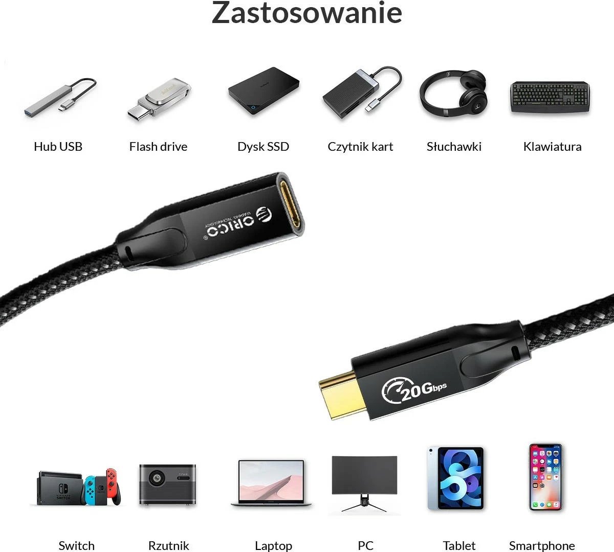 Kabëll zgjatues USB-C Orico 3.2, 20Gbps, 4K, 100W, 1m, zi