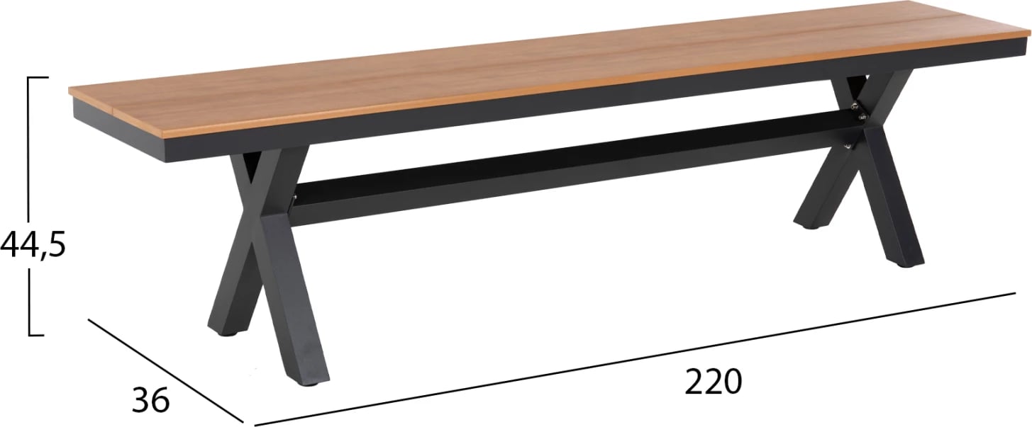 Stol alumini TAWNEE FH6040.01, ngjyrë antracit, sipërfaqe polivudi, ngjyrë druri natyral, 220x36x44.5H cm