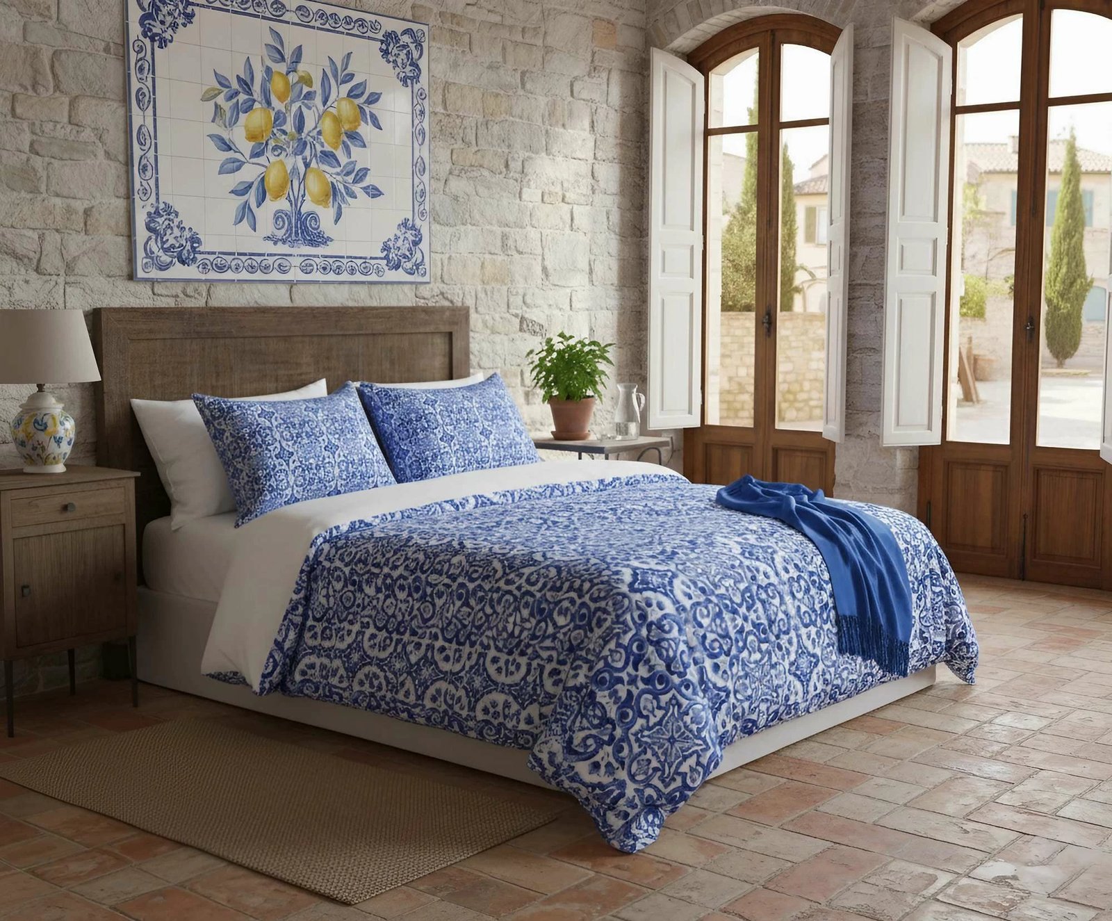 Set mbulesë për jorgan Super King, L'Essentiel Linge de Maison, Linza, ngjyrë kaltër e errët dhe e bardhë