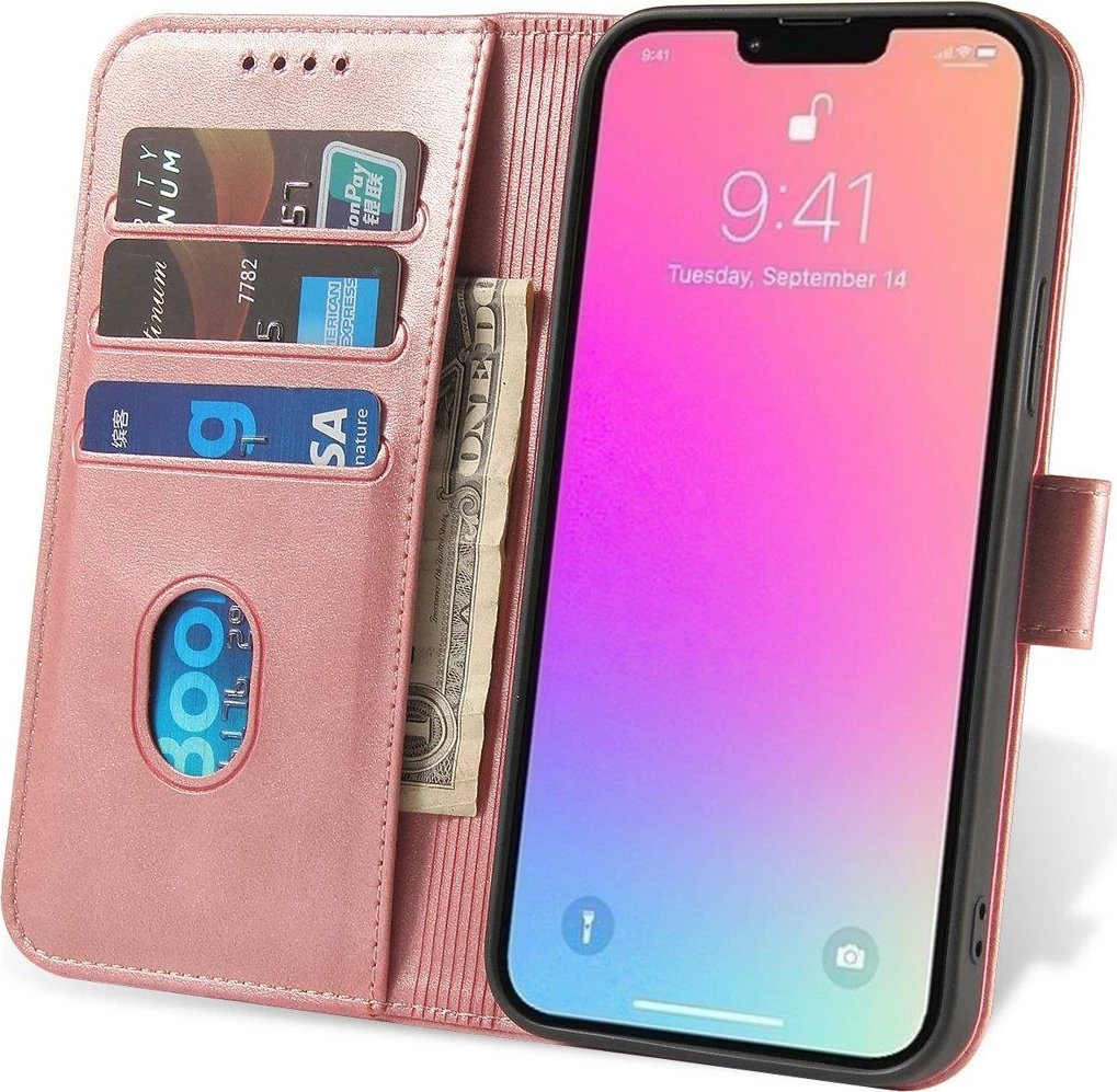 Mbështjellës Hurtel Magnet Case për iPhone 14 Pro Max, portofol, qëndrim, rozë