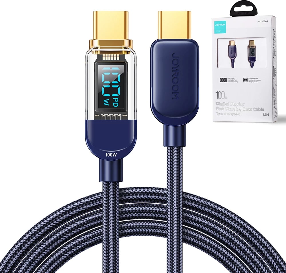 Kabllo USB-C në USB-C Joyroom A4 S-CC100A4 me ekran, 1.2m, 100W, Blu
