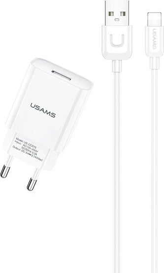Karikues muri USAMS T21 me 1xUSB, kabllo Lightning 1m, 2.1A, Bardhë