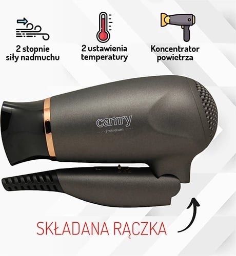 Tharëse flokësh, Camry, CR2261, 1200W, 2 temperatura 2 shpejtësi, dorezë e palosshme, koncentrator, kabllo 1.8m, gri metalike me pjesë ari