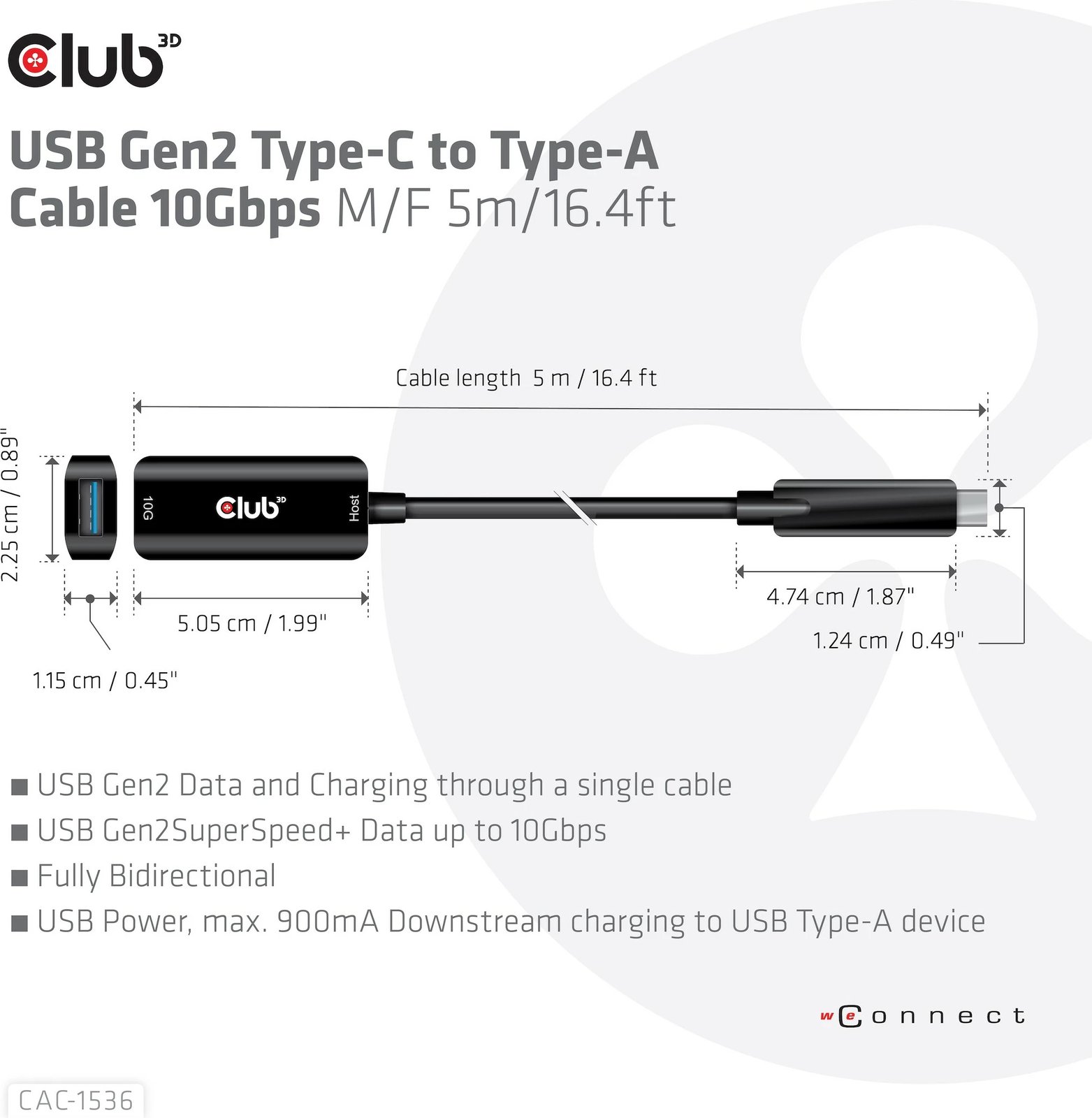 Kabllo USB Club3D USB 3.2 Type-C në Type-A 5m e zezë