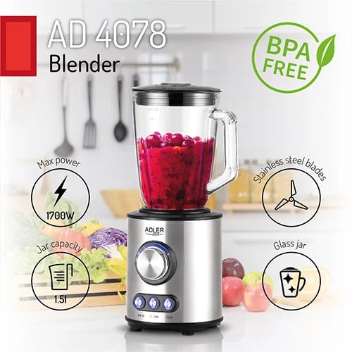 Blender, Adler AD 4078, 1.5L gotë qelqi, 800W nominal 1700W max, 2 shpejtësi, programe smoothie/ice crush/pulse, trup inoks