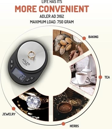 Peshore precize, Adler AD 3162, saktësi 0.1 g, kapacitet 750 g, ekran LCD me ndriçim blu, e zezë/argjendtë