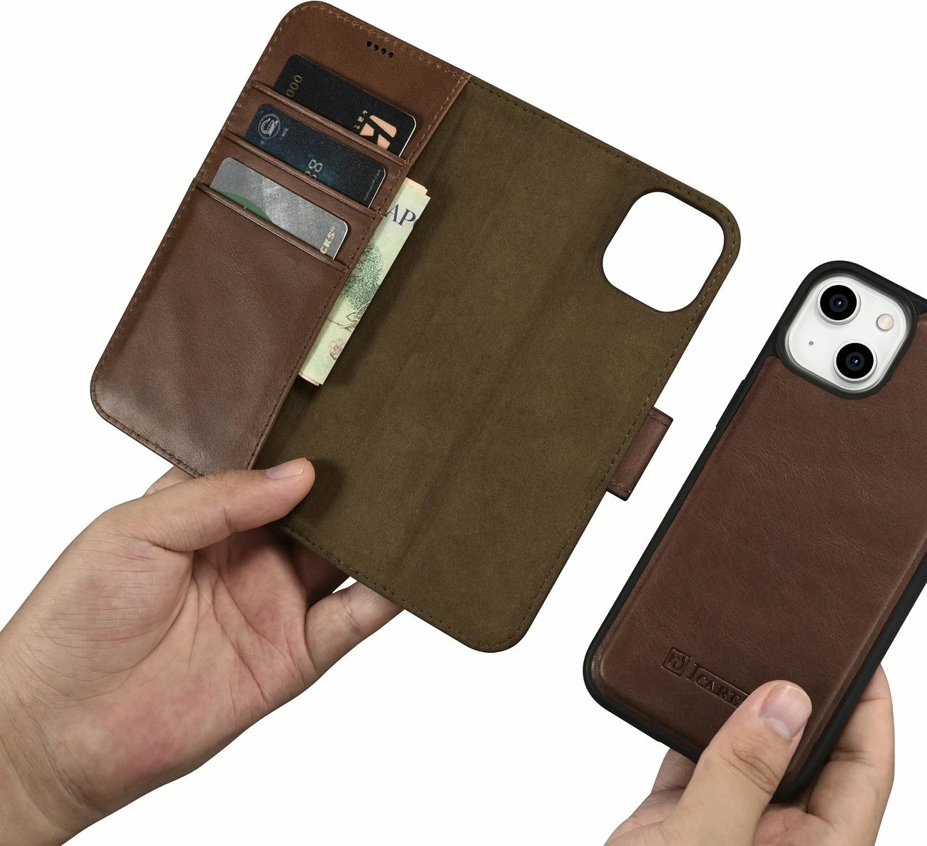 Mbështjellës iCarer Oil Wax Wallet 2in1 për iPhone 14, lëkurë natyrale, Anti-RFID, Kafe