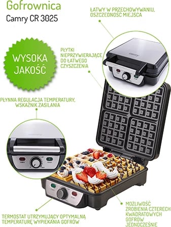 Gofrier, Camry, CR 3025, 4 gofra, 1500 W, kontroll temperature, pllaka jo‑ngjitëse