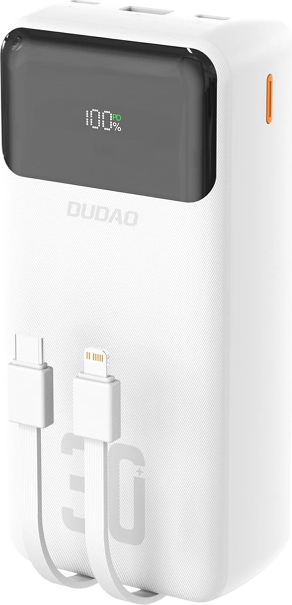 Powerbank Dudao K15MAX, 30000mAh, 22.5W, me kabllo të integruara, Bardhë