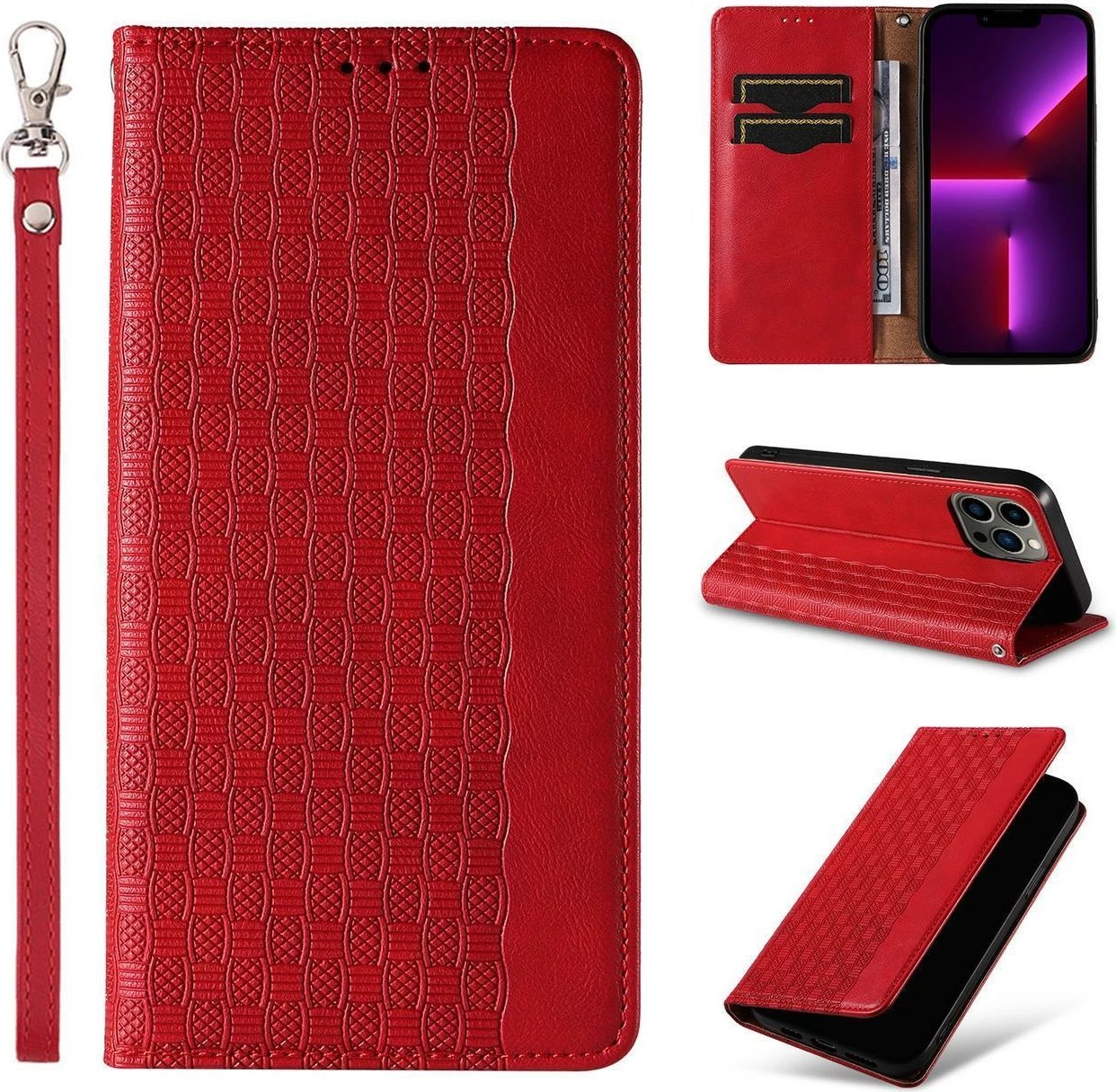 Mbështjellës Hurtel Magnet Strap Case për iPhone 14 Pro, me kapak, portofol, rrip dore, e kuqe