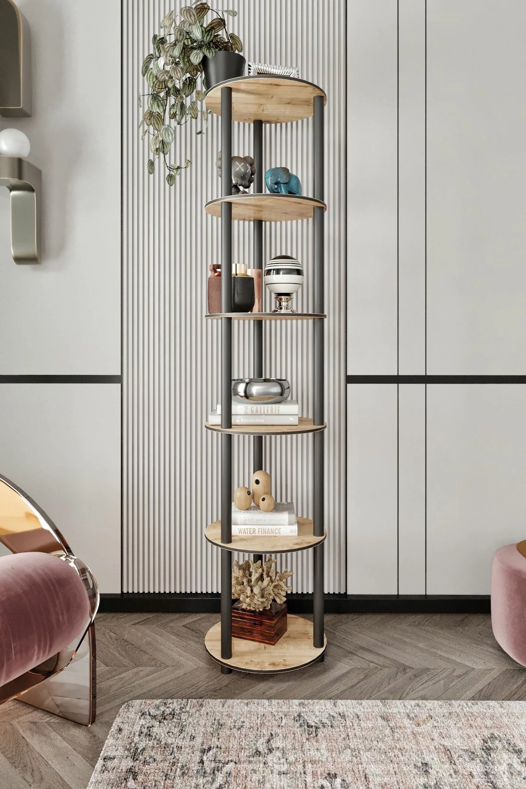 Raft librash Skye Decor, 6 kate, i rrumbullakët, ngjyrë lisi