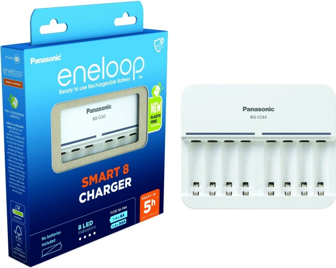 Karikues baterish Panasonic Eneloop BQCC63, për 8 copë, i bardhë, pa bateri