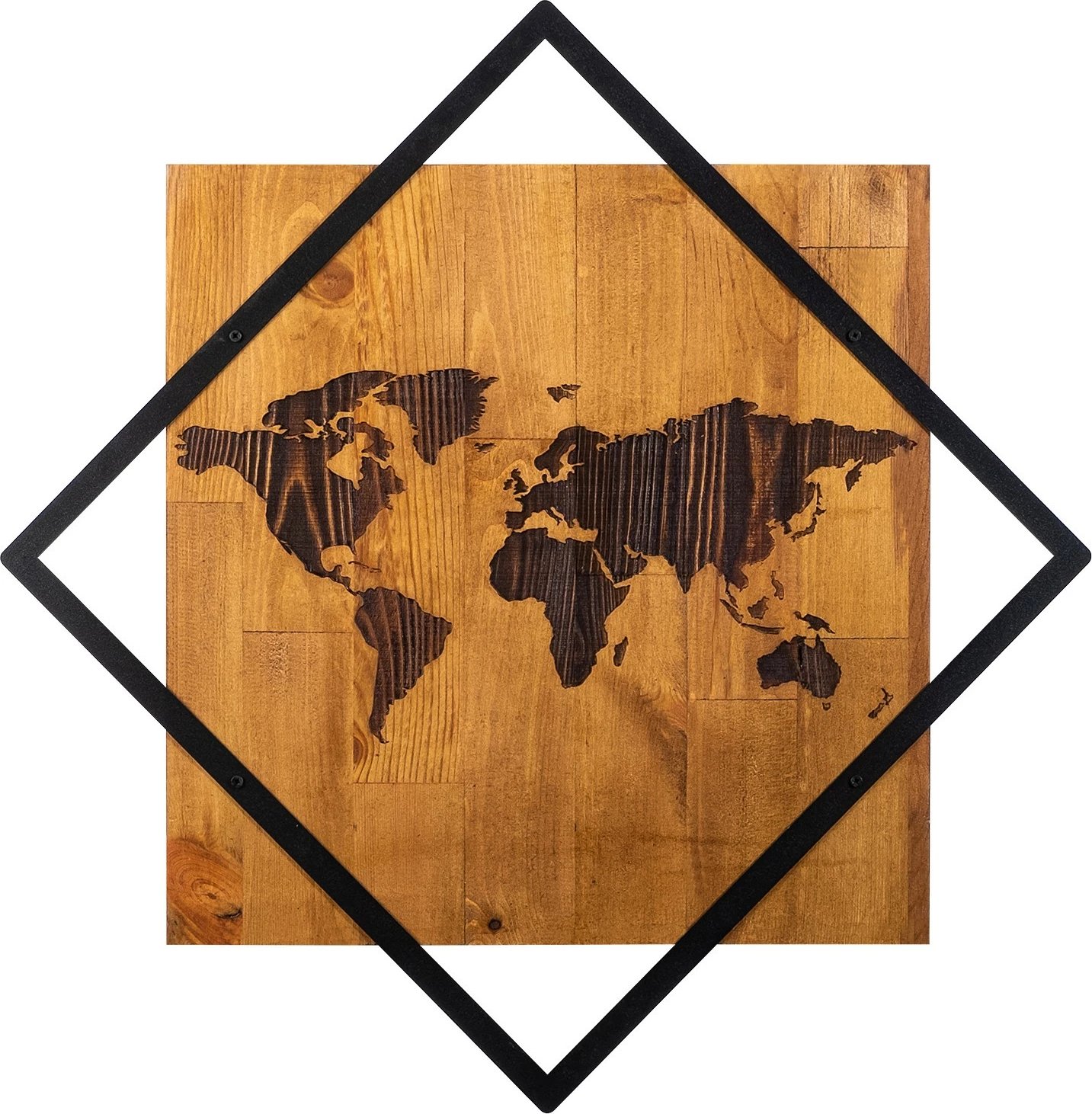 Aksesor dekorativ prej druri për mur, Wallity, World 2, ngjyrë arre dhe e zezë, 54x54cm