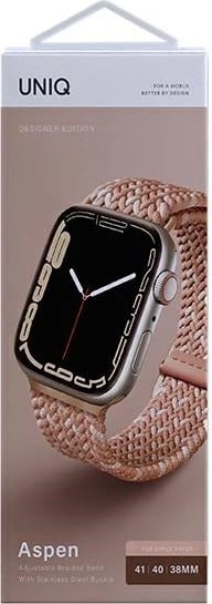Rrip Smartwatch UNIQ Aspen për Apple Watch 38/40/41 mm, i thurur Weavex elastik me shtrëngues çeliku, rozë