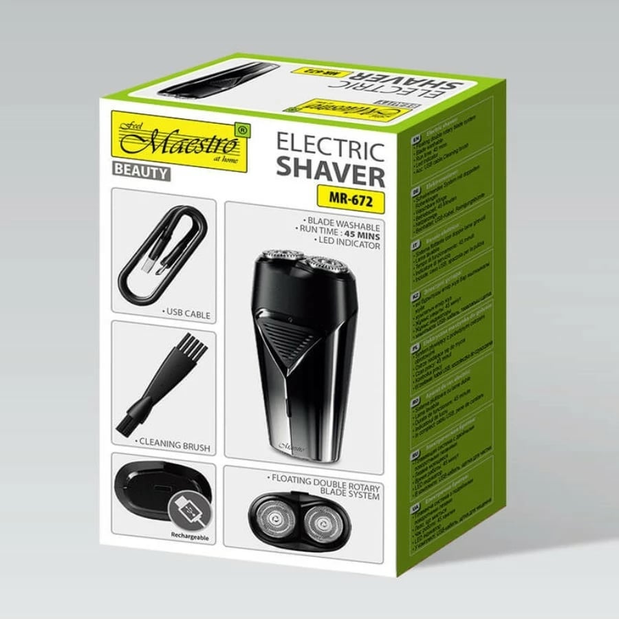 Makinë rroje elektrike udhëtimi meshkuj, Feel‑Maestro MR-672, 45 min, USB-C, 2 koka prerëse, 600 mAh, e zezë/argjend