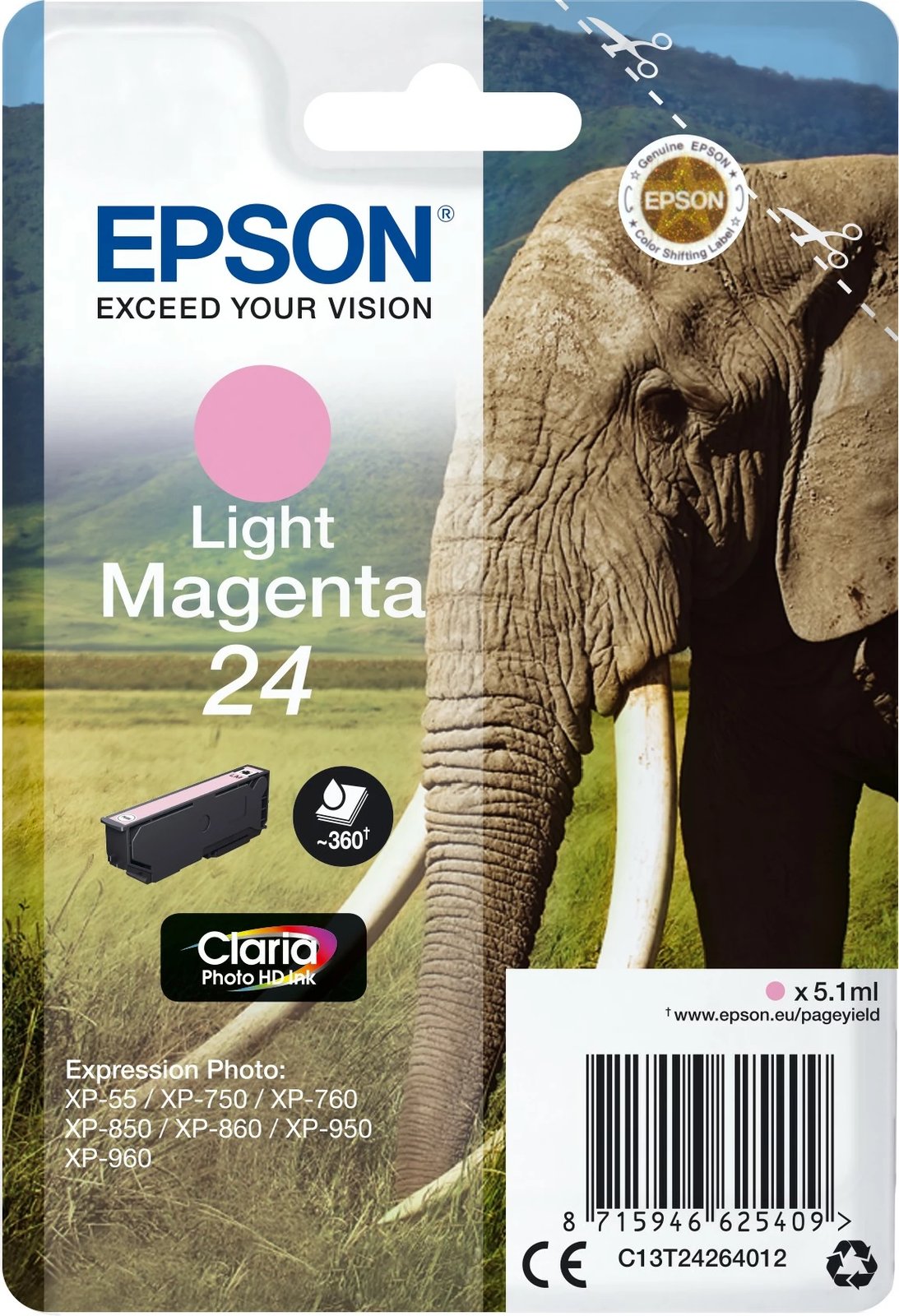 Toner Epson Elephant Singlepack Light Magenta 24 Claria Photo HD, 5.1 ml