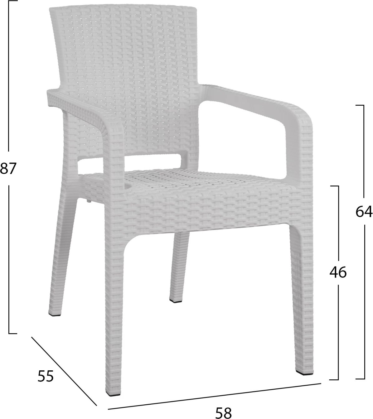 Karrige me krahë polipropileni, dizajn ratan, ngjyrë e bardhë, FH5590.04, 58x55x87 cm