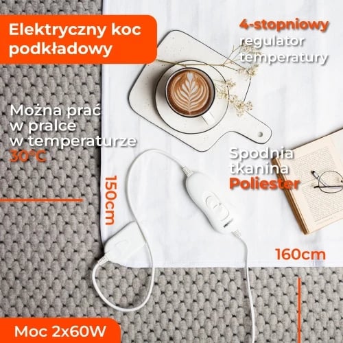 Batanije elektrike nën-mbulesë, Mesko MS 7420, 150x160 cm, 2x60W, 4 nivele, me timer, e larshme, e bardhë