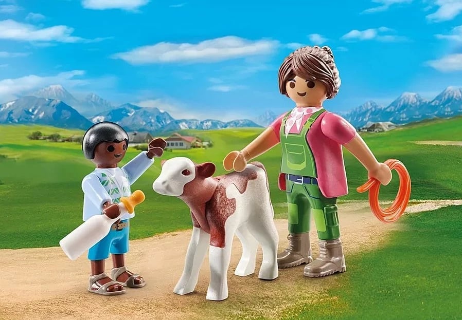 Set figurina Playmobil Duo Pack 71803, grua fshatare me fëmijë dhe viç, plastikë