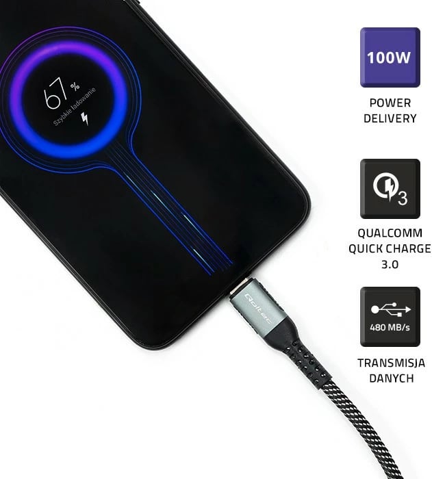Kabllo USB Type-C Qoltec 52358, 1.5m, 100W, QC 3.0, e zezë