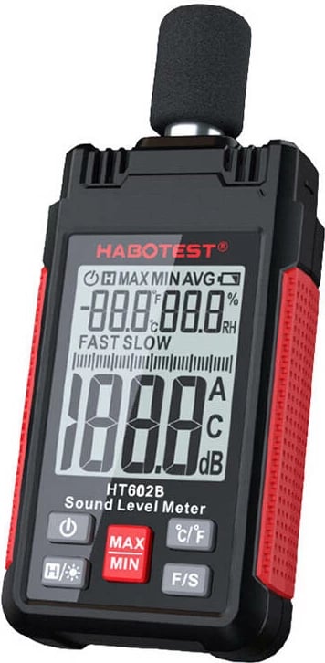 Matës niveli zëri, Habotest HT602B, 30–130 dB, peshim A/C, FAST/SLOW, LCD, USB