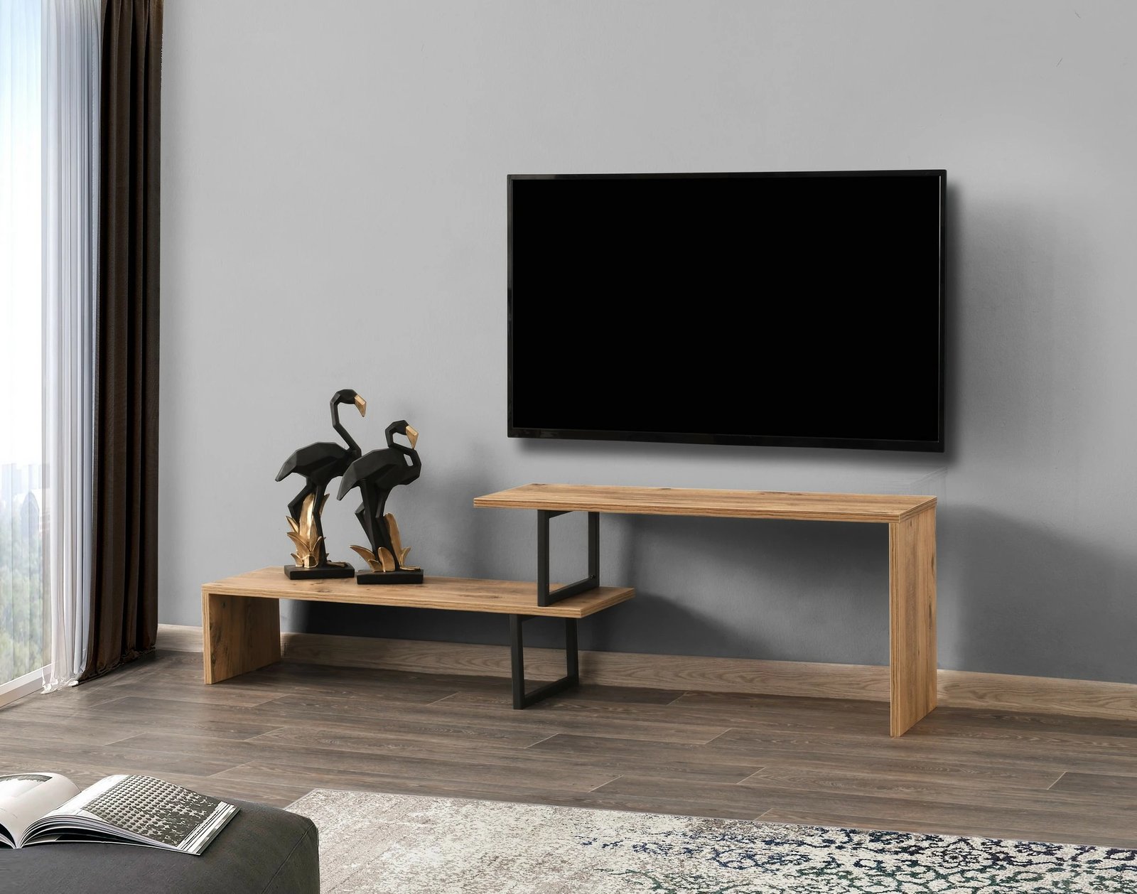 Komodë TV Hanah Home, Ovit, ngjyrë pishe dhe e zezë