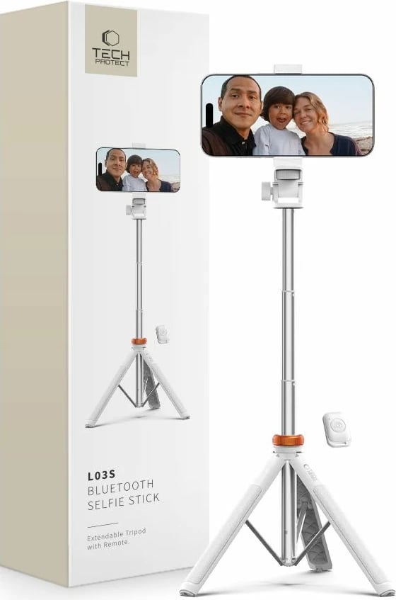 Selfie stick me tripod Tech-Protect L03S, me telekomandë Bluetooth, 148cm, Bardhë